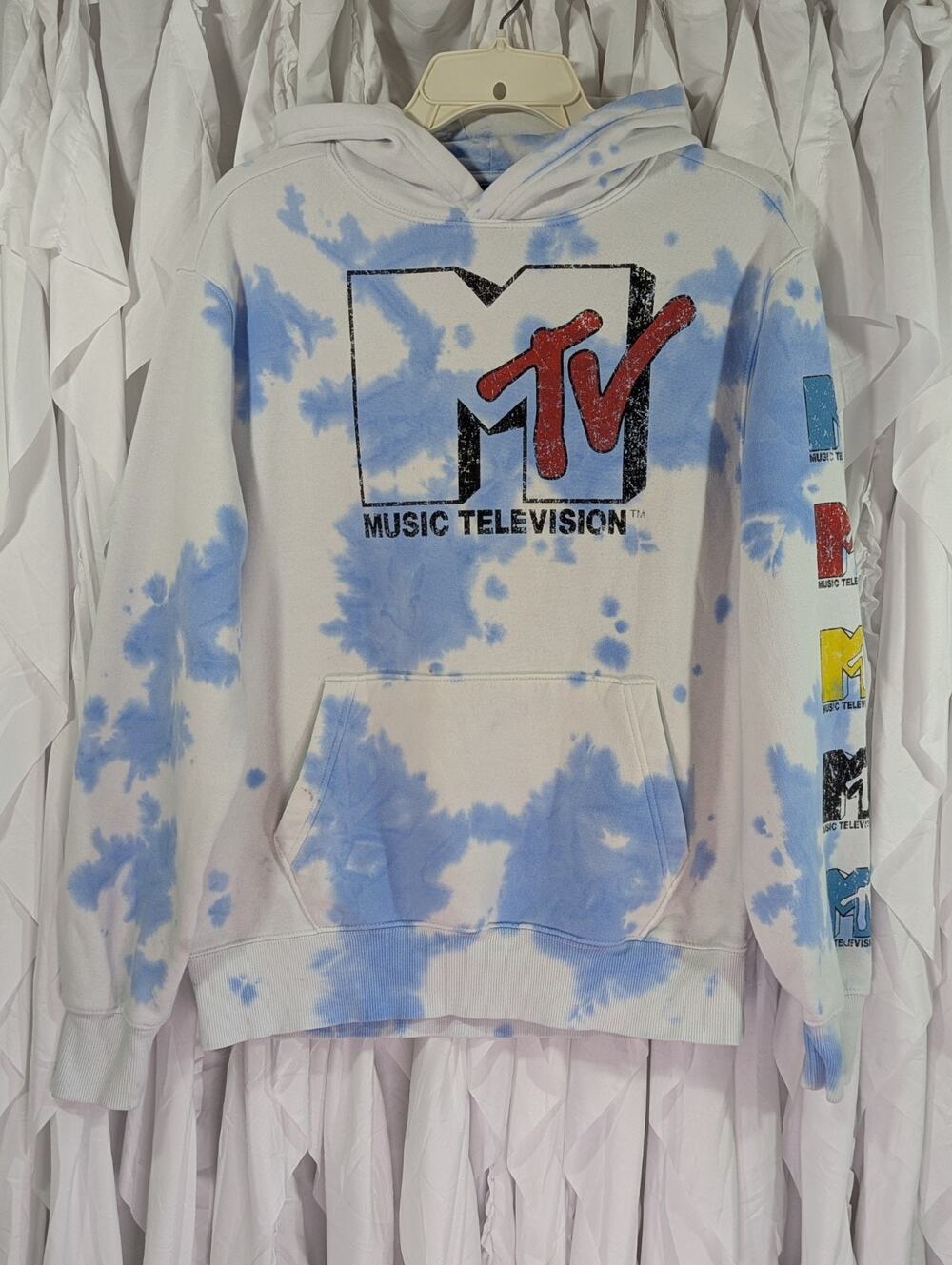 MTV Retro Tie Dye Hoodie Sweatshirt Mens XS Oversized Blue White Graphic